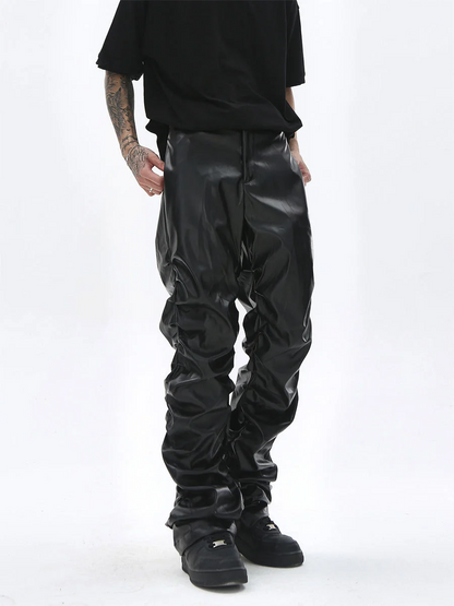 Dark Punk Niche Shiny Pleated PU Leather Casual Men's Trousers