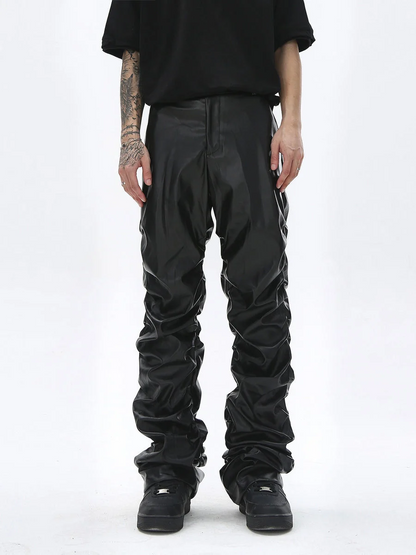 Dark Punk Niche Shiny Pleated PU Leather Casual Men's Trousers