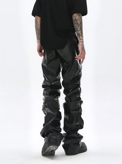 Dark Punk Niche Shiny Pleated PU Leather Casual Men's Trousers