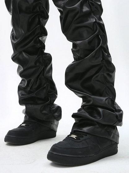 Dark Punk Niche Shiny Pleated PU Leather Casual Men's Trousers