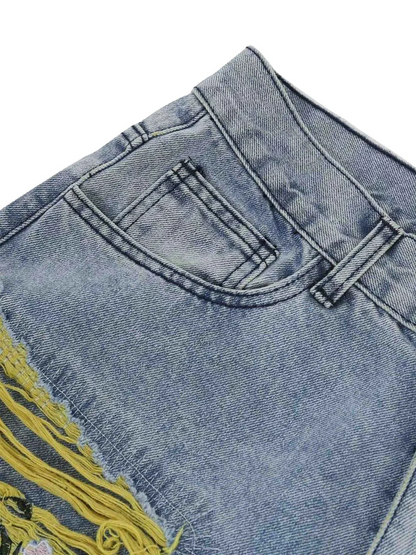 Heavy Craft Embroidered Raw Edge Ripped Men's Jeans